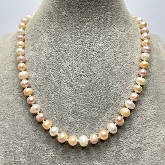 Bridal Tri Color Freshwater Pearl Beaded Silk Double Knotted Necklace Silver - Picture 1 of 8